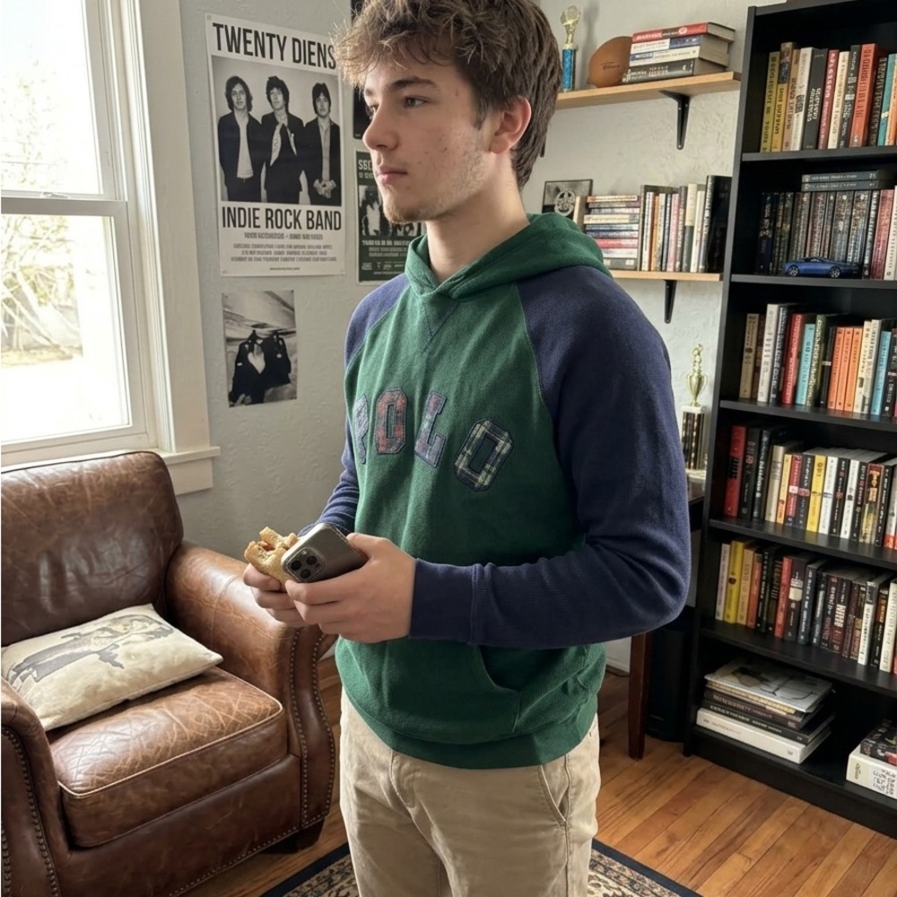 Polo by Ralph Lauren Green Hoodie with Navy Raglan Sleeves